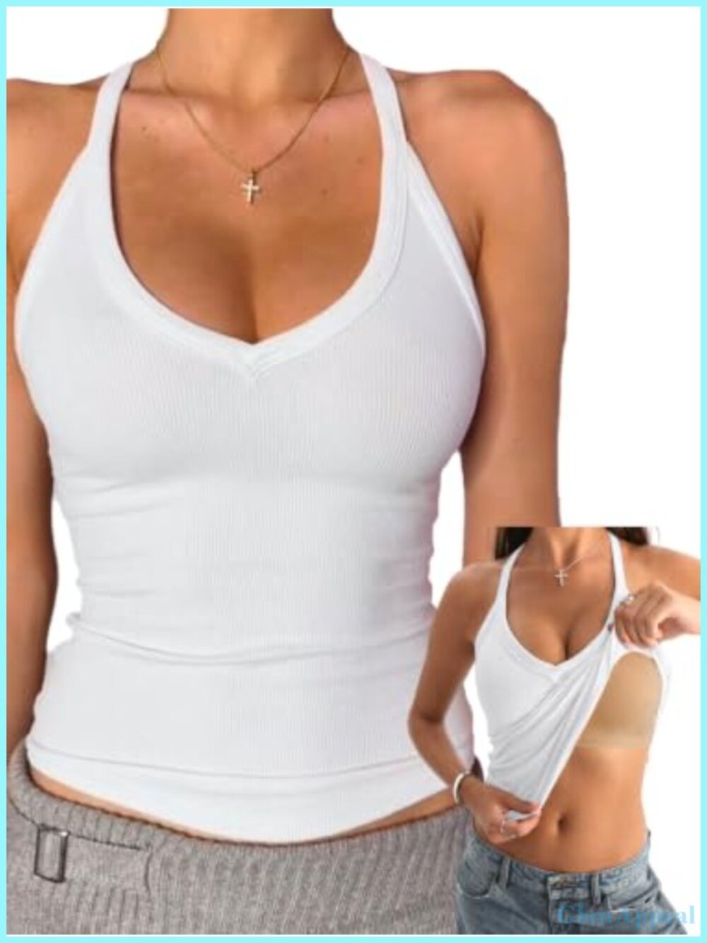 V Neck Cotton Tank Top with Built-in Shelf Bra Racerback Fitted Cami